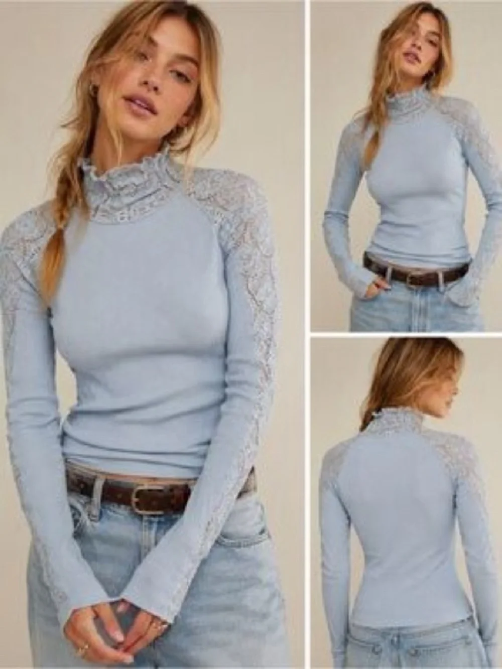 Free People Light Blue Lace-Trim Mock Neck Long Sleeve Top Size M